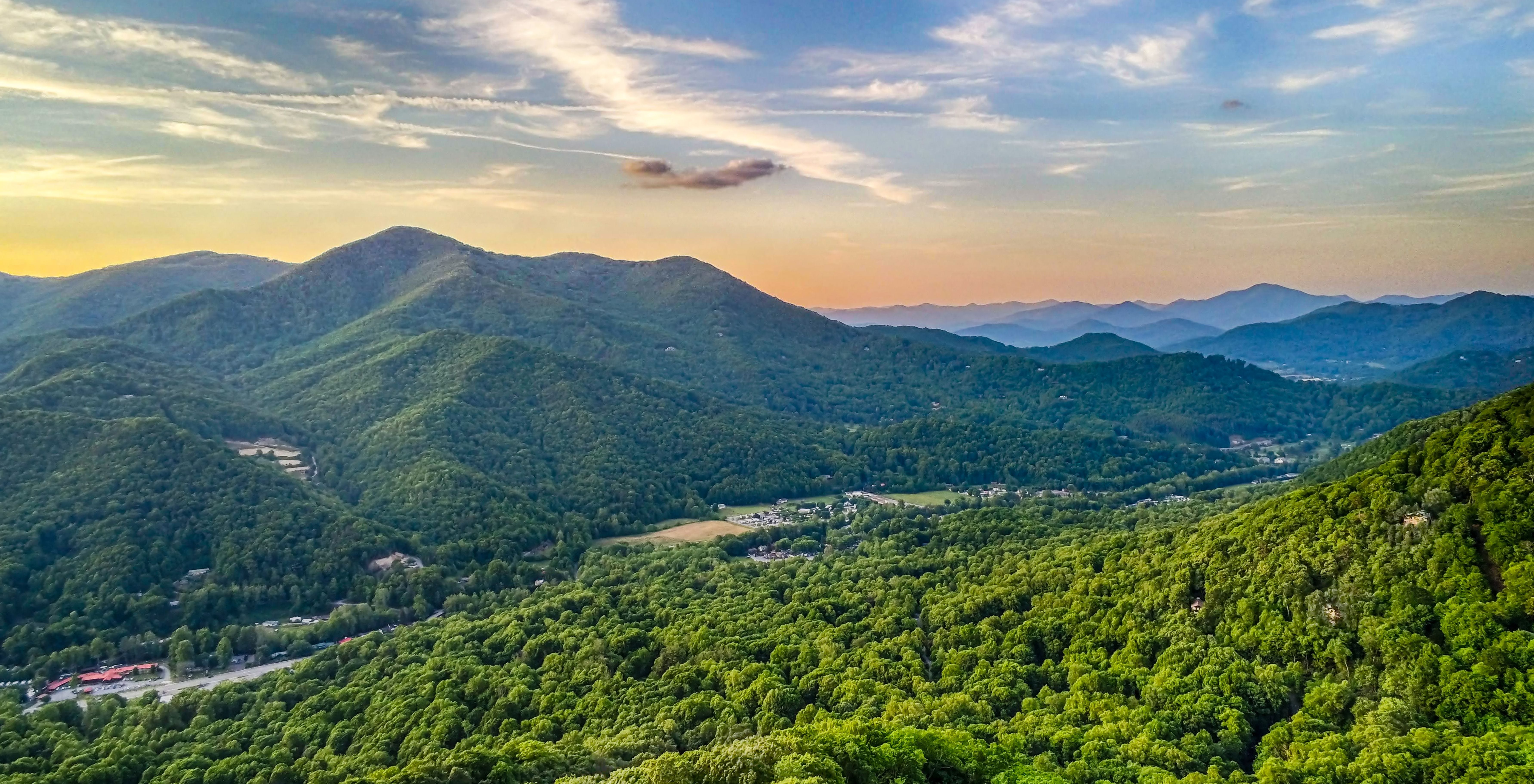 View of Smoky Mountains, trees at sunrise near Maggie vAlley