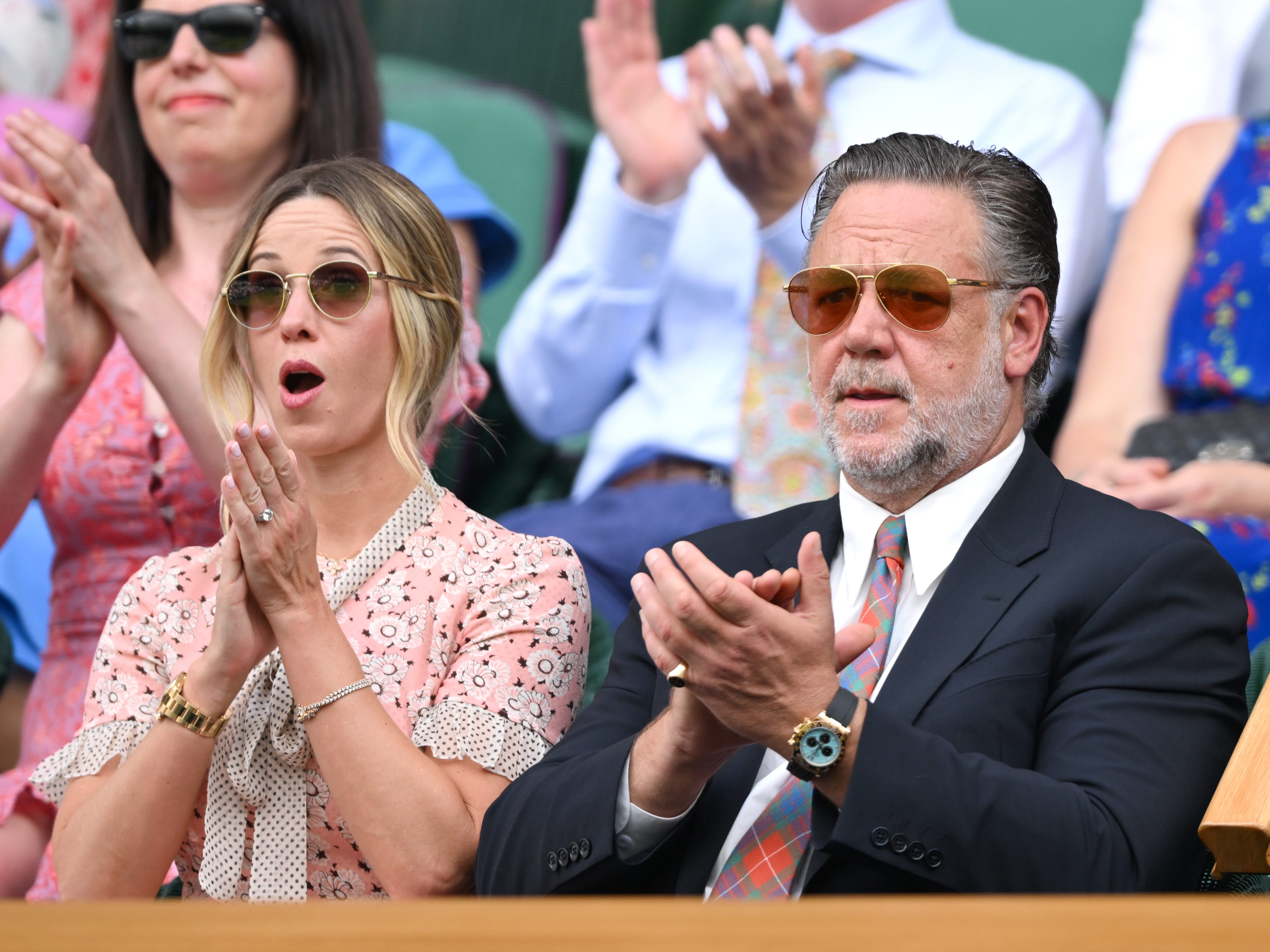 Britney Theriot and Russell Crowe attend Wimbledon in July 2025.