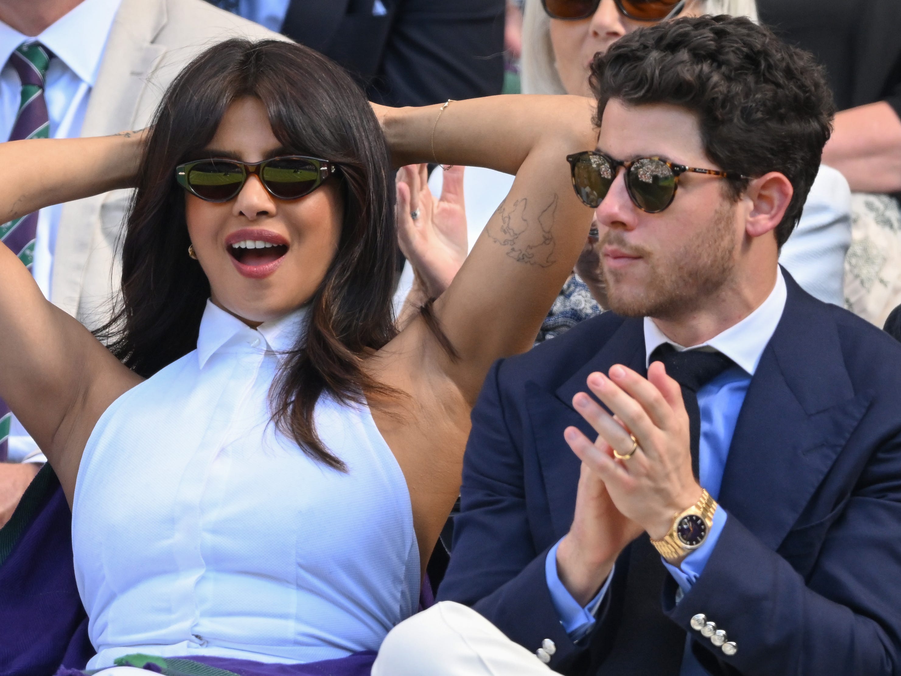 Priyanka Chopra Jonas and Nick Jonas at Wimbledon 2025.