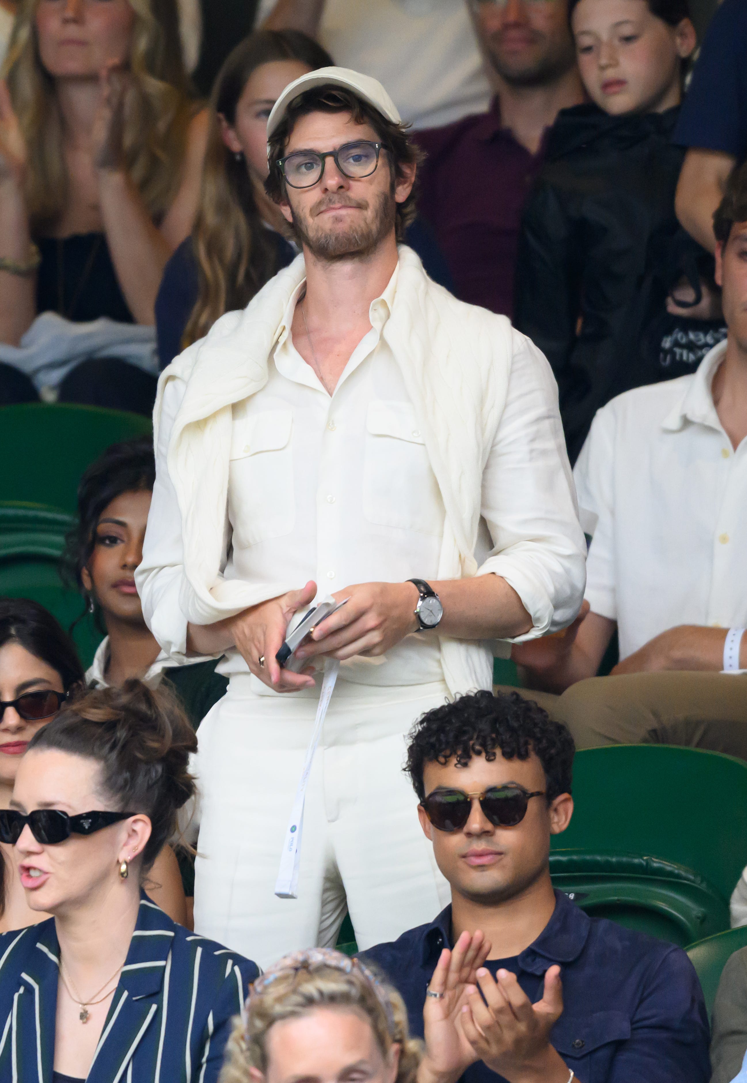 Andrew Garfield attends Wimbledon in July 2025.