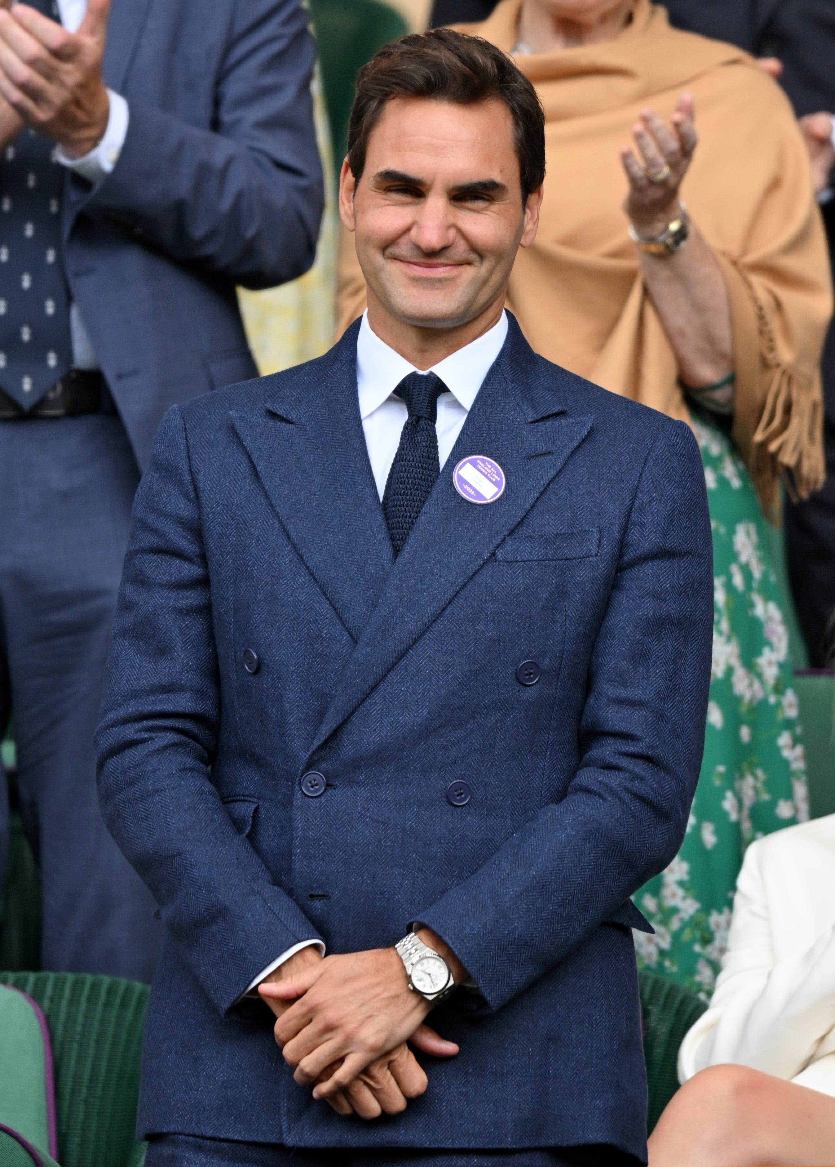 Roger Federer attends Wimbledon in July 2025.