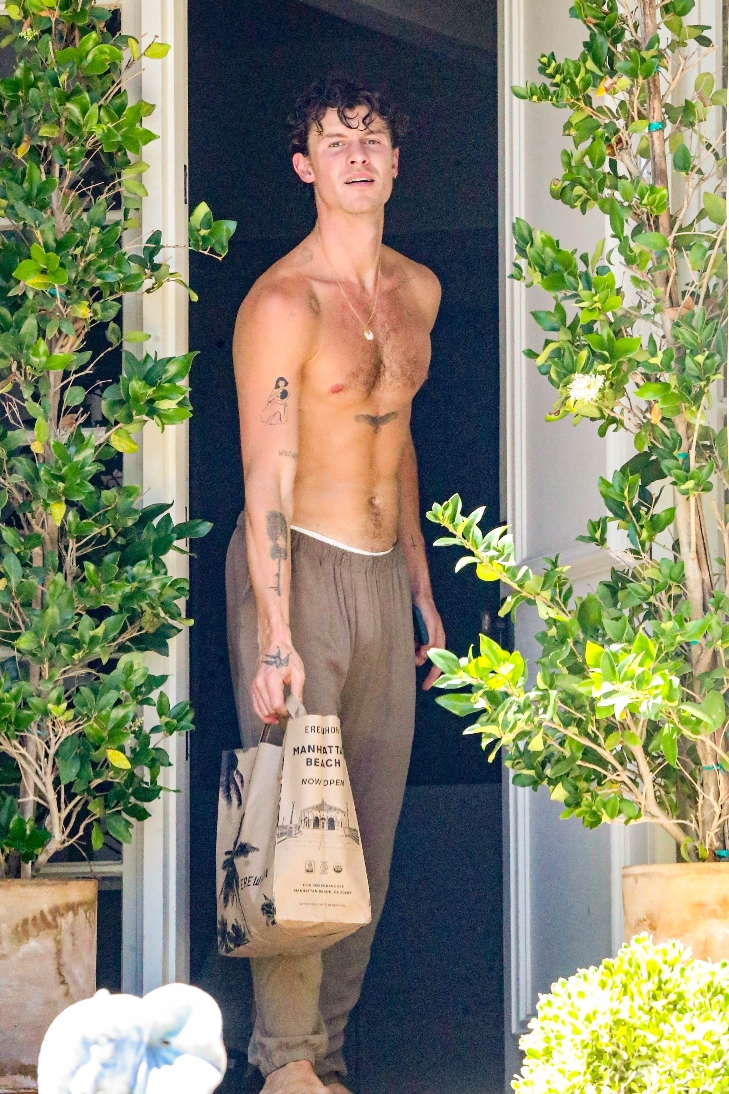 Shawn Mendes shows off his new chest tattoo while receiving a delivery order in Los Angeles.