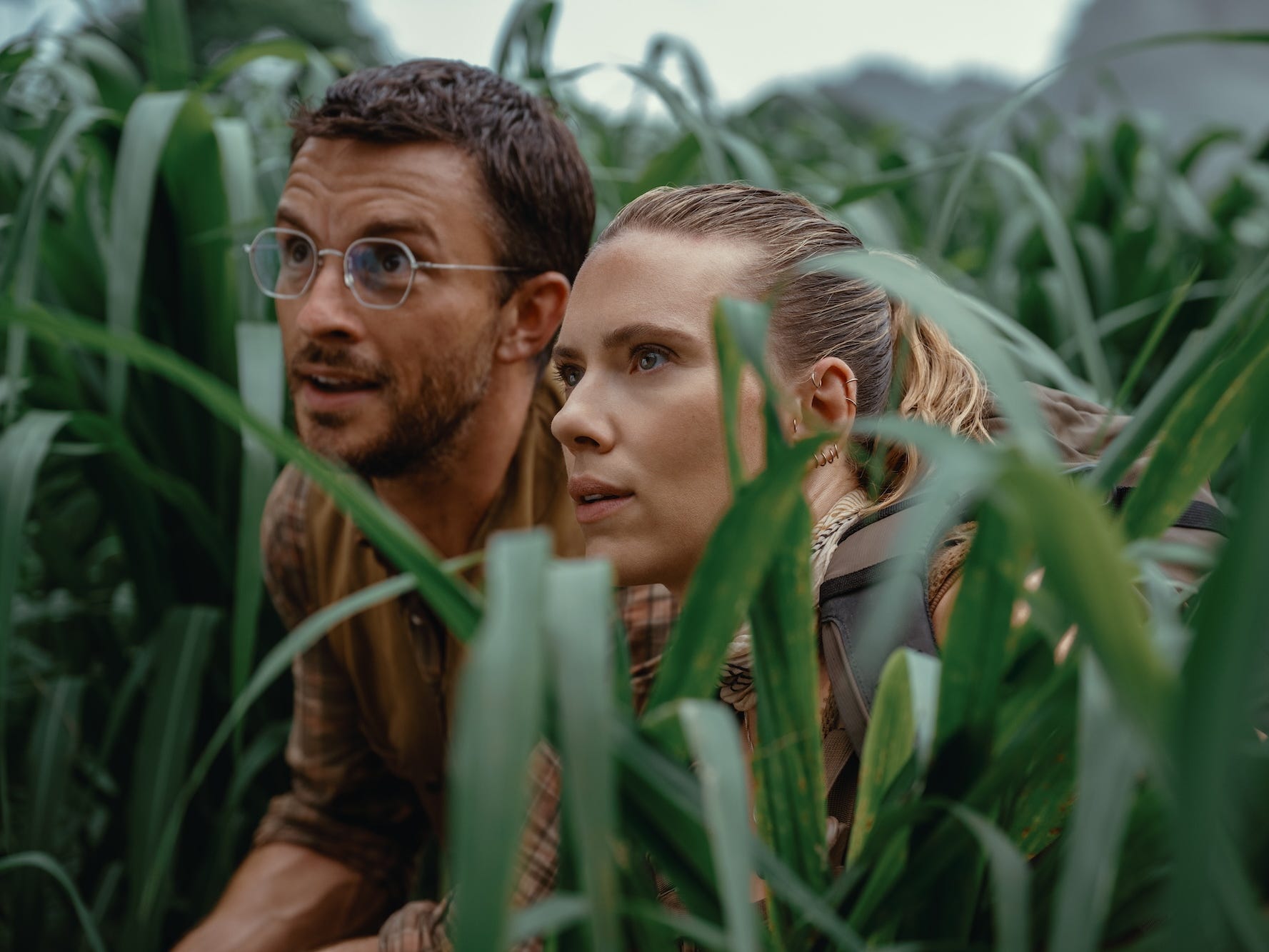 A still from "Jurassic World Rebirth" featuring Jonathan Bailey wearing glasses and a brown shirt and Scarlett Johansson in a plaid shirt crouching in a field of high grass.
