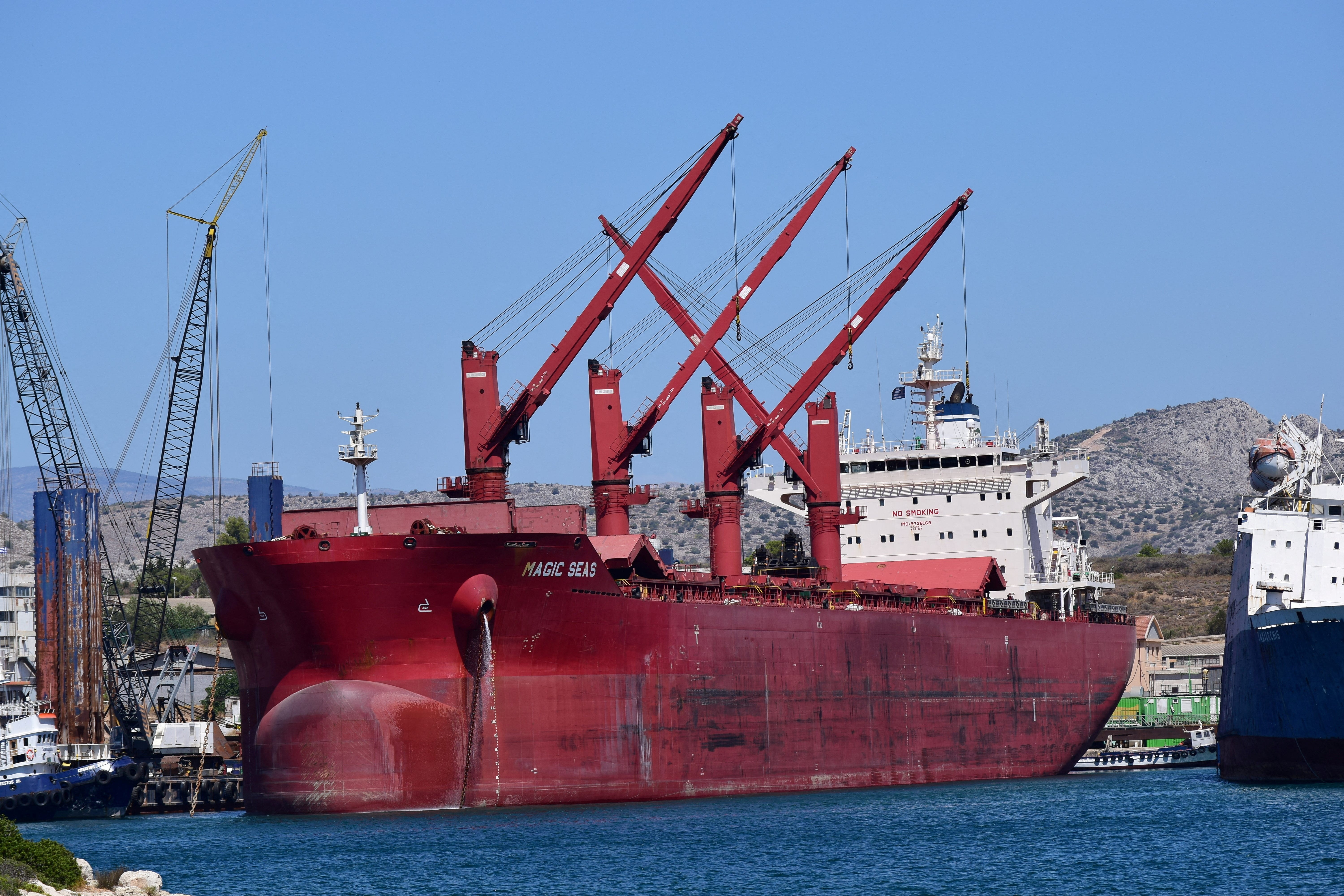 The Magic Seas cargo ship is docked at a port in Ampelakia, Salamis Island, Greece, August 9, 2022.