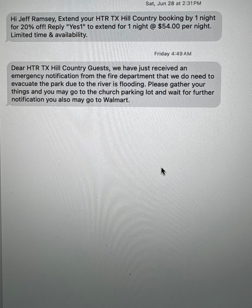Text messages: one offering a hotel discount, the other announcing an evacuation due to flooding.