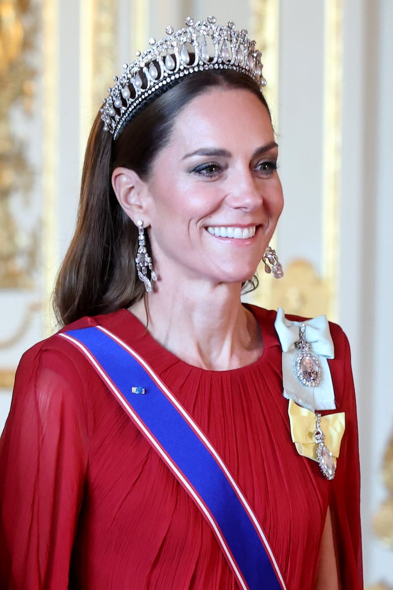 Catherine, Princess of Wales attends the State Banquet at Windsor Castle on July 08, 2025.