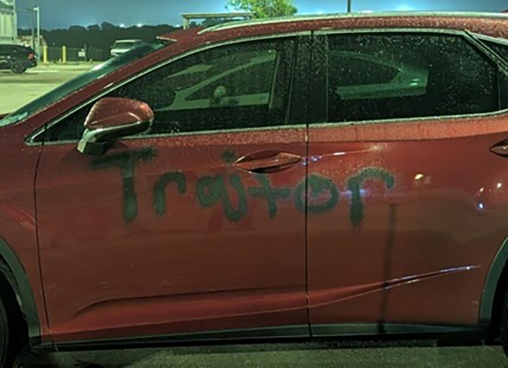 Graffiti on a car parked at the Prarieland Detention Center.