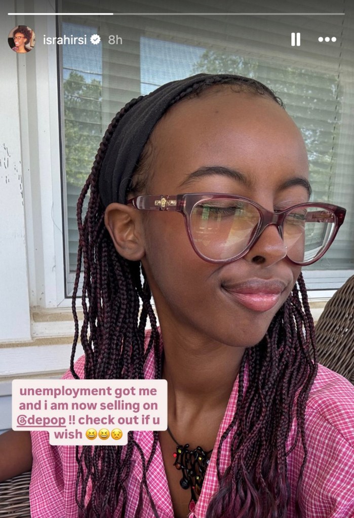 Young woman with braids selling items online due to unemployment.