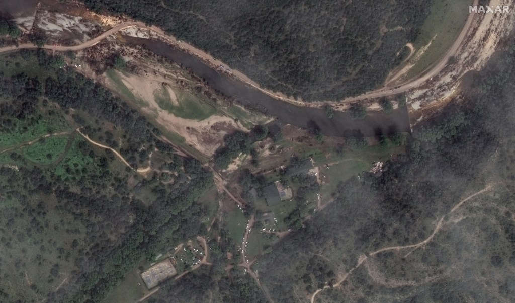 An satellite image of Camp Mystic after the flash flood on July 8, 2025.