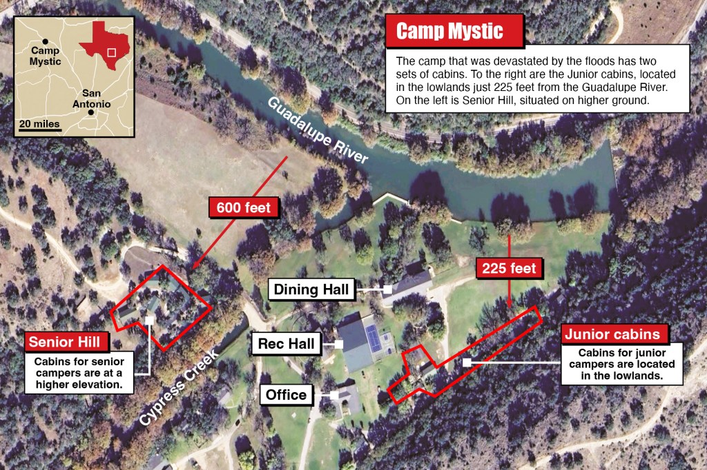 The campus of Camp Mystic along the Guadalupe River in Hunt, Texas.
