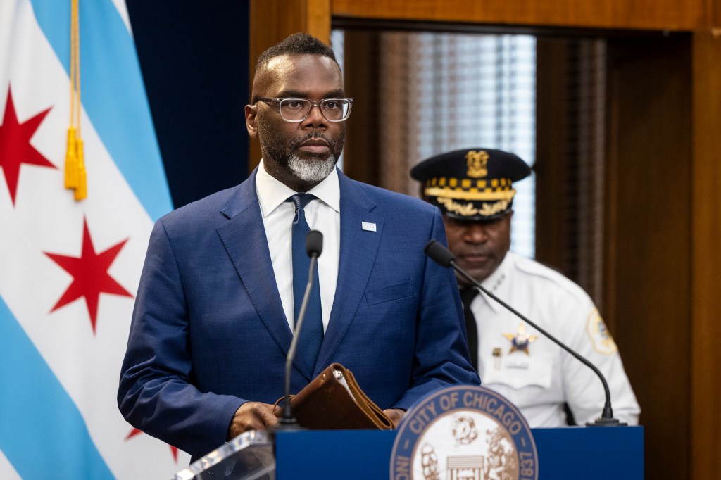 Chicago Mayor Brandon Johnson speaks at a news conference at City Hall on July 3, 2025.