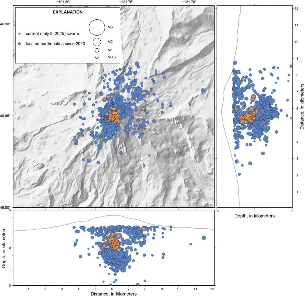 Map showing earthquake swarm at Mount Rainier, July 8, 2025, and earthquakes since 2020.