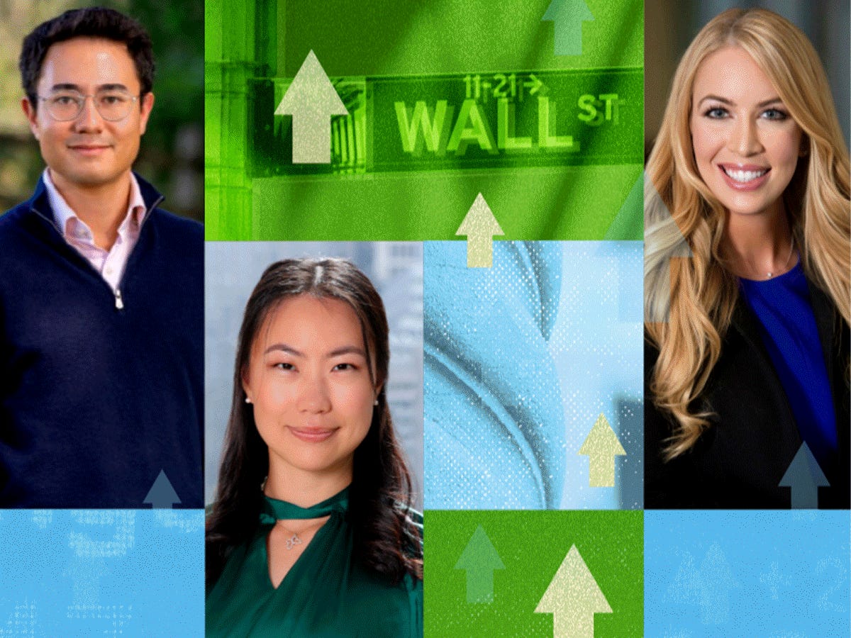 Insider's 2023 Wall Street Rising Stars Photo Collage featuring promising figures in the world of investing: Benjamin 'Ben' Kiflom, Yi YI, Luis Arteaga, David Trinh, Tori Gilliland, Rachel Barry, Ricky Mewani, and Anne Victiore Auriault