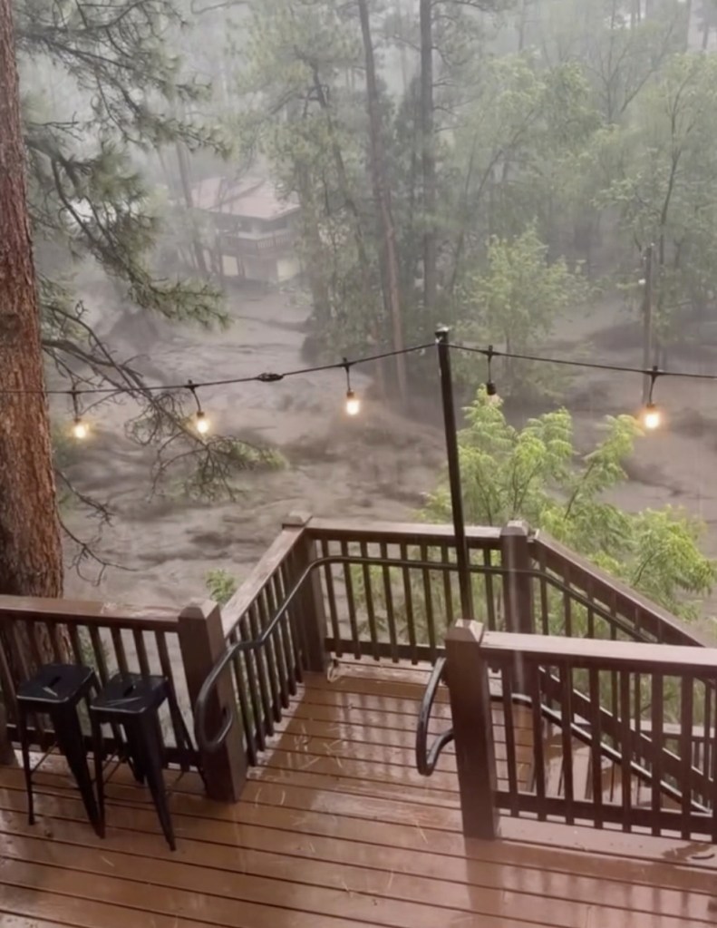 Flash flooding in Ruidoso, New Mexico, seen from a deck.