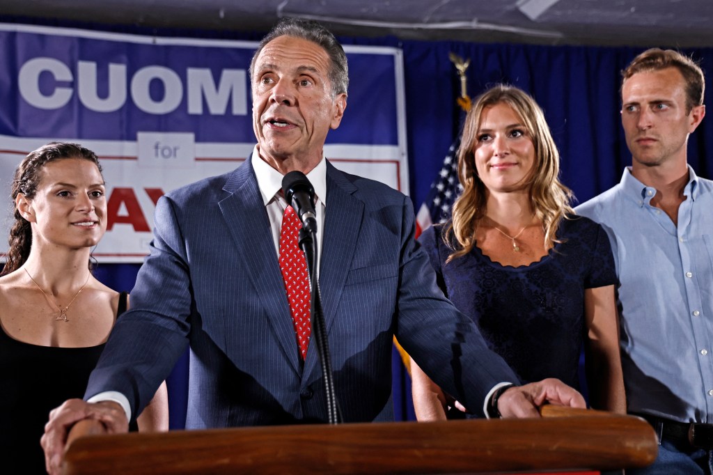 New York City mayoral candidate and former New York governor Andrew Cuomo (C) speaks during an election party following the primaries at the Carpenters Union in New York City on June 24, 2025.
