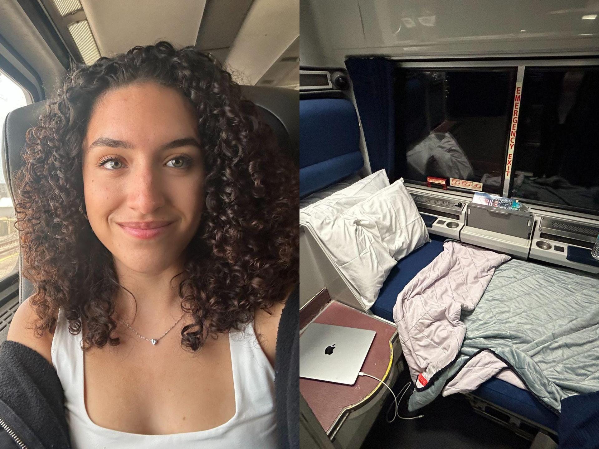 author with sleeping space in amtrak roomette