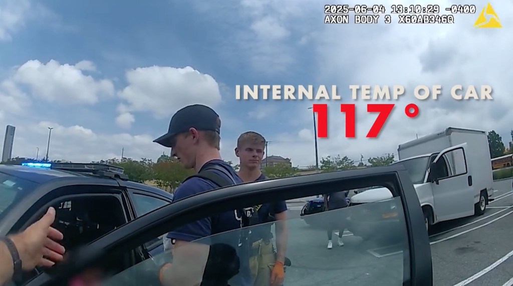 Bodycam footage of police officers rescuing two children from a hot car; the car's internal temperature was 117 degrees.