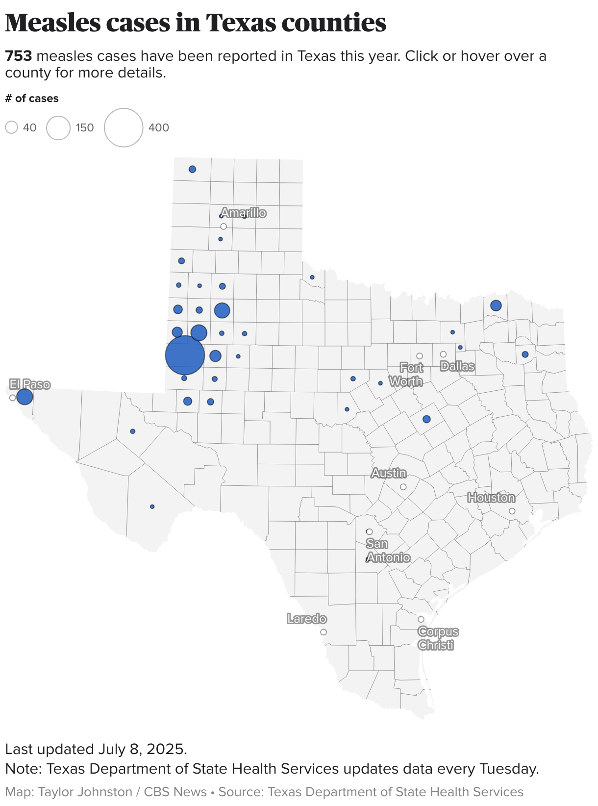 Map of measles cases by Texas county