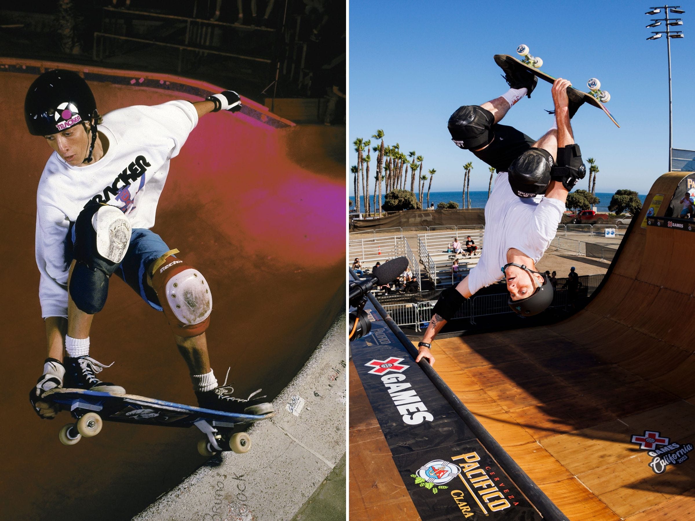 A split image showing Tony Hawk skating as a teenager and in his 50s.