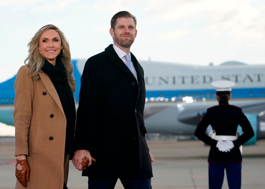 Eric Trump and his wife Lara arrive for outgoing US President Donald Trump and First Lady Melania Trump's departure at Joint Base Andrews in Maryland on January 20, 2021.