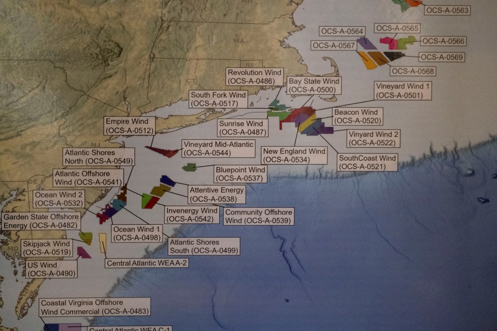 A map of off-shore wind projects on the east coast.
