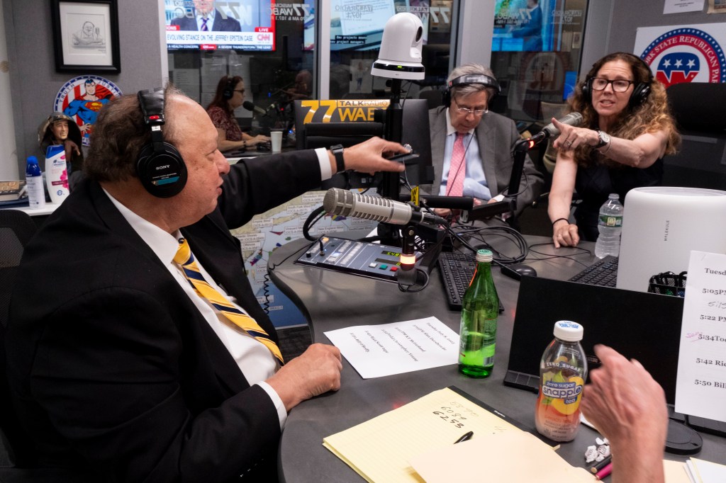 Photo of John Catsimatidis, Rita Cosby, and others on a radio show.