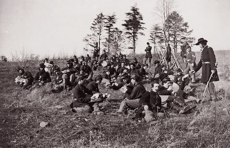 A group of volunteer soldiers are pictured during the U.S. Civil War, circa 1861.