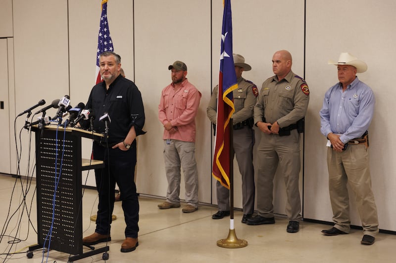 Ted Cruz speaks at a news briefing in Hill Country near the Guadalupe River in Kerrville, Texas on July 7, 2025.