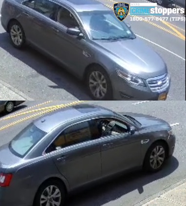 Two images of a gray sedan, possibly involved in a crime.