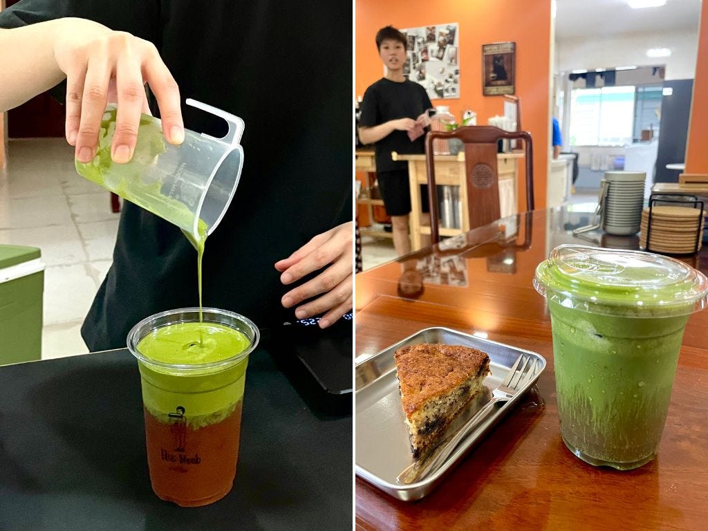 Chia's Dirty Earl drink, a combination of Earl Grey and matcha, and a slice of homemade banana cake.