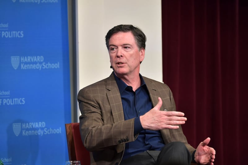 BOSTON, MA - FEBRUARY 24: Former FBI Director James Comey speaks at Harvard Kennedy School with Harvard's Eric Rosenbach on February 24, 2020 in Boston, Massachusetts. (Photo by Paul Marotta/Getty Images)