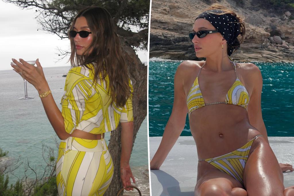 Hailey Bieber serves up ‘lemontini’ vibes in custom Pucci bikini on summer getaway