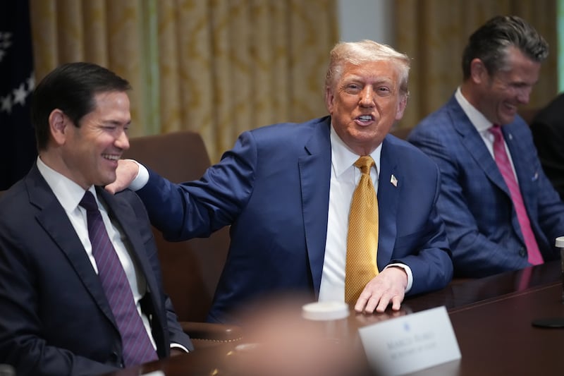 President Donald Trump speaks with Secretary of State Marco Rubio during a Cabinet Meeting at the White House on July 08, 2025 in Washington, DC.