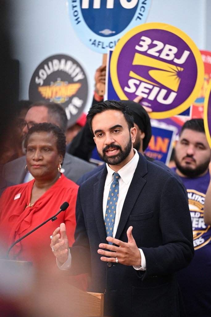 Zohran Mamdani speaking at a labor rally.