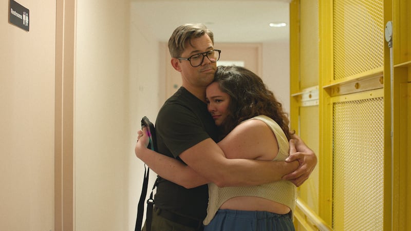 Andrew Rannells and Megan Stalter in Too Much.
