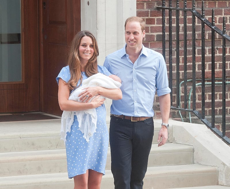 Kate sports a Jenny Packham polka dot dress picked out by Archer as she departs The Lindo Wing with her newborn son, Prince George, in 2013