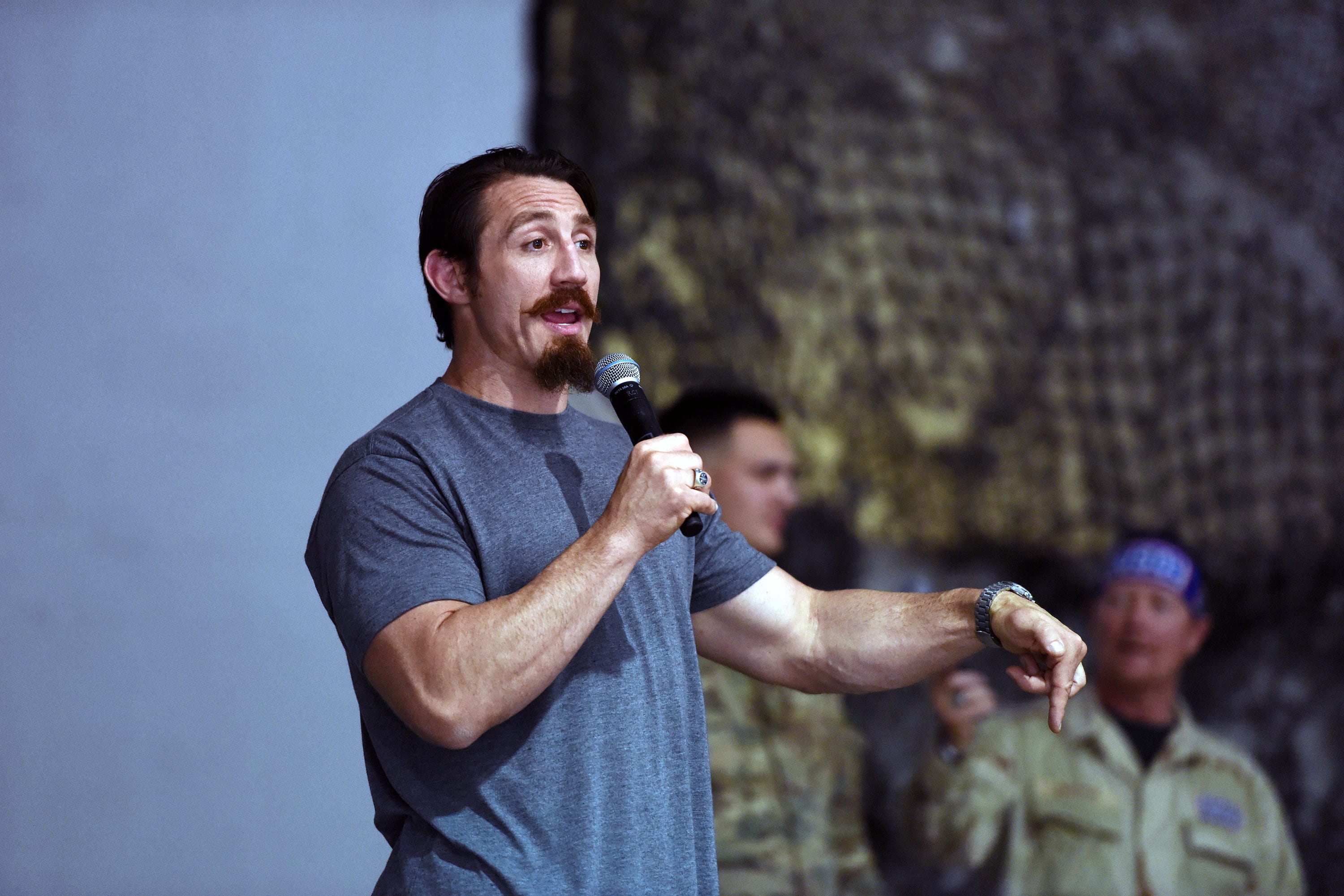 Green Beret and former UFC fighter Tim Kennedy addresses troops during a USO tour to Afghanistan, May 19, 2016.