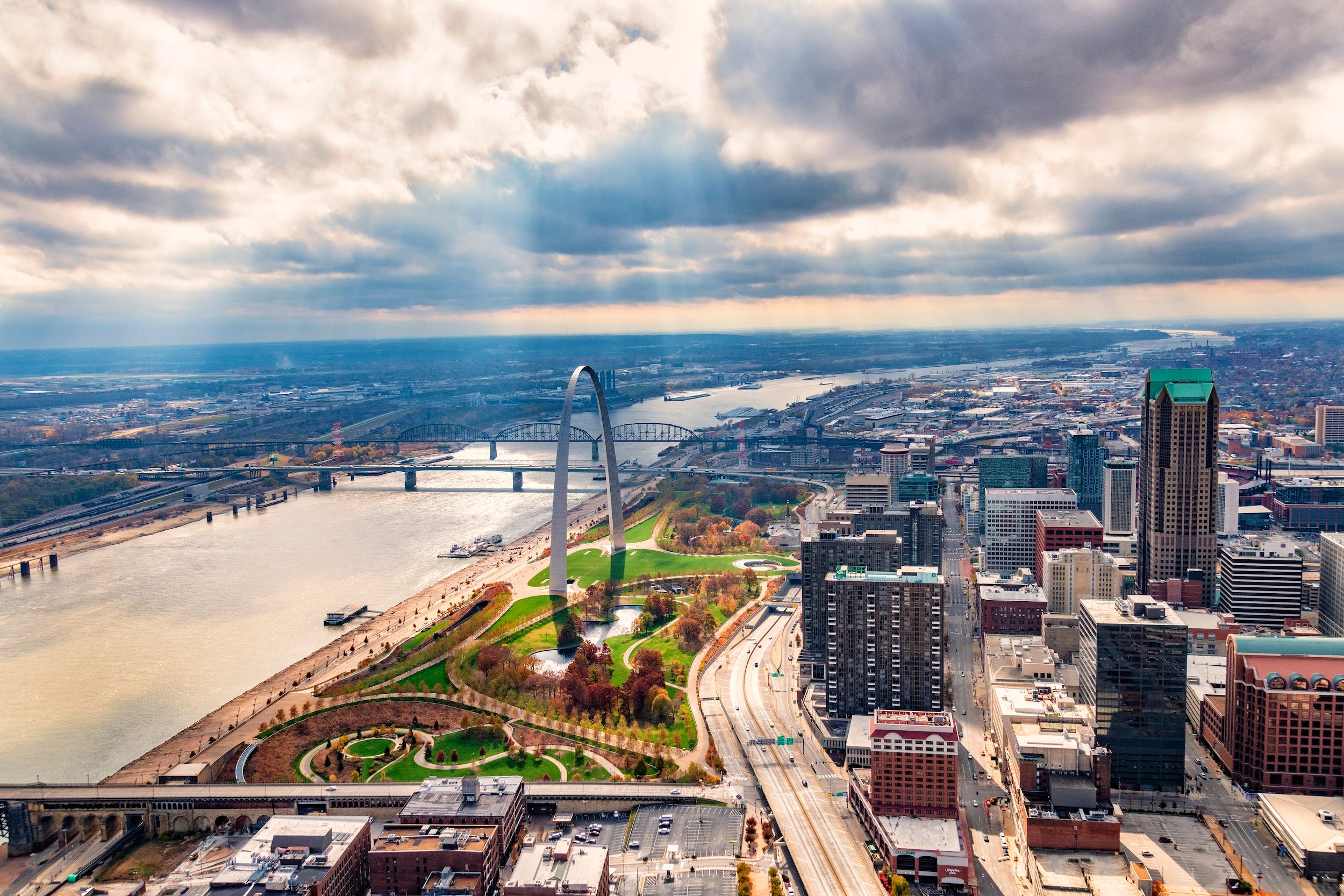 An aerial view of downtown St. Louis, Missouri.