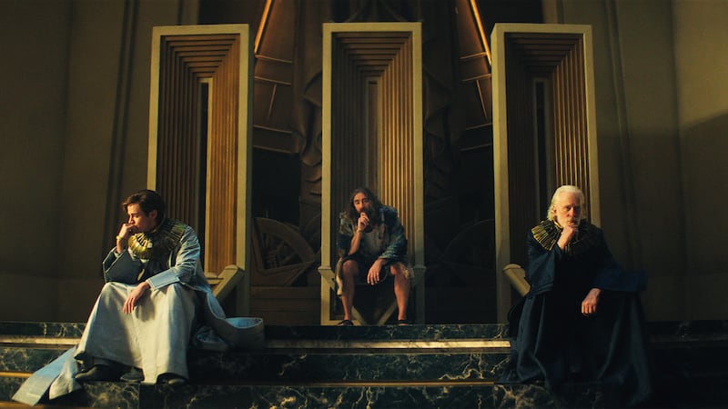 Cassian Bilton, Lee Pace and Terrence Mann in "Foundation."