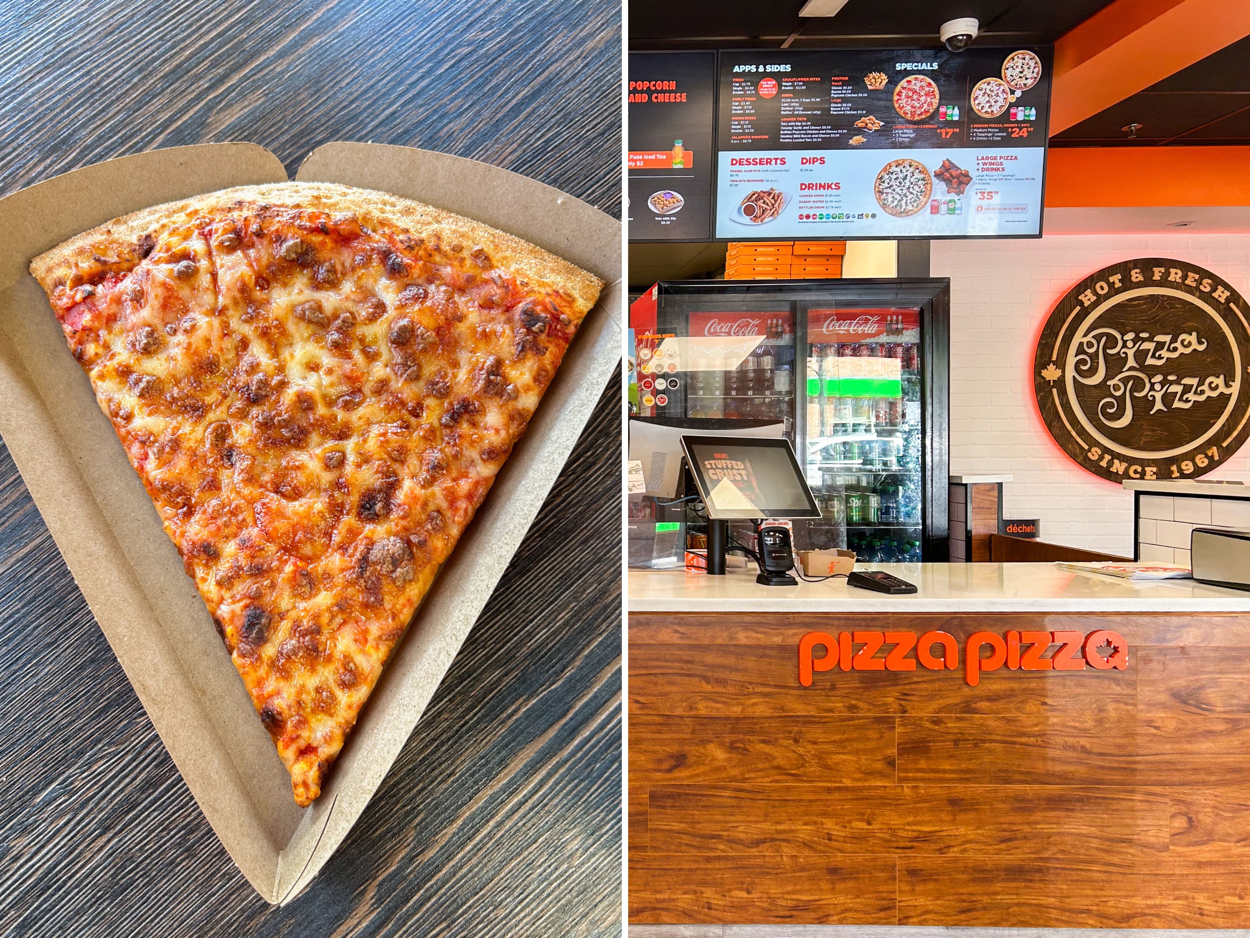 A composite image of a slice of Cheese pizza and the counter to order at Pizza Pizza