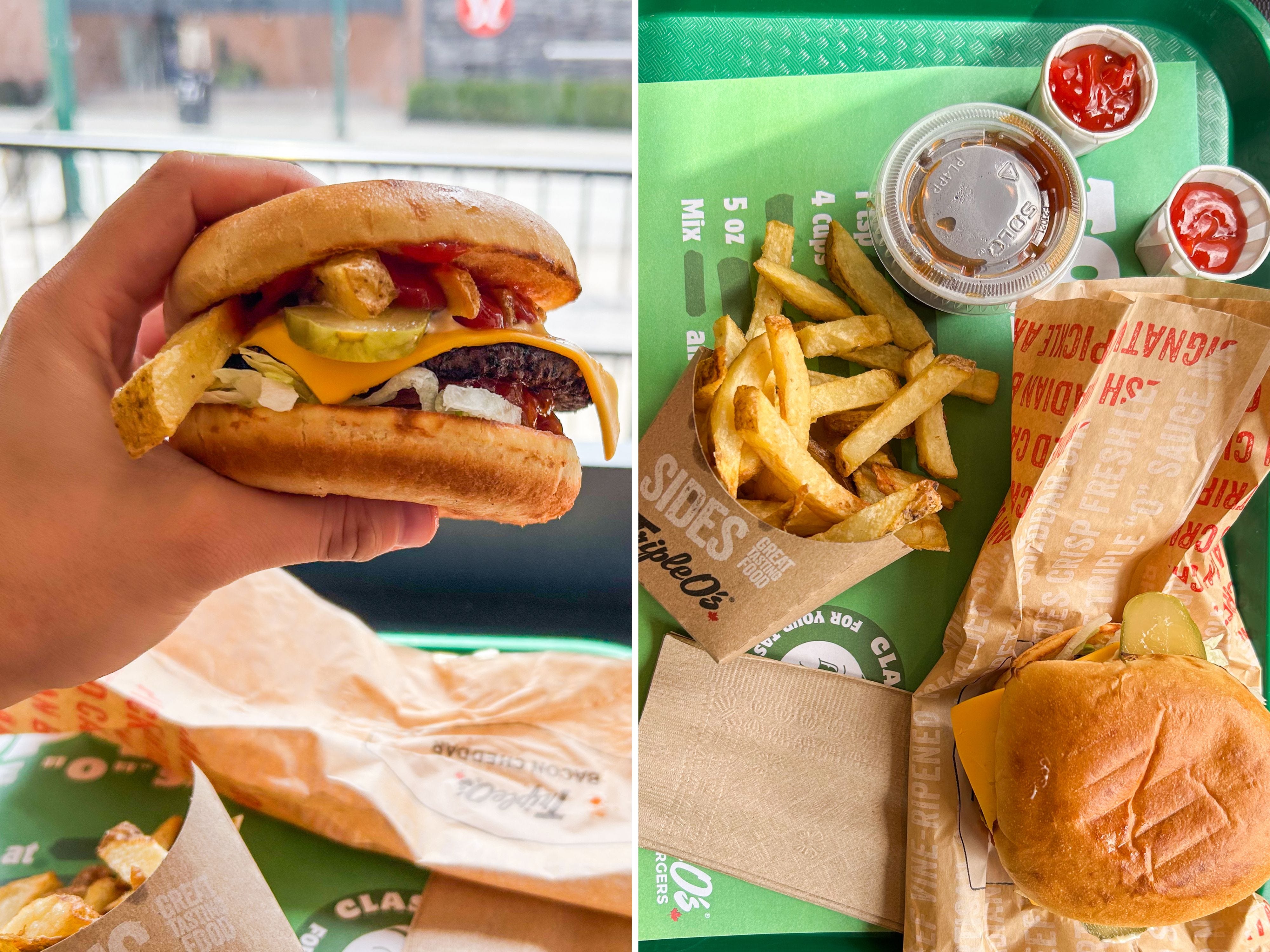 A composite image of a hand holding a burger and an aerial view of a fast food tray with a burger and fries on it.