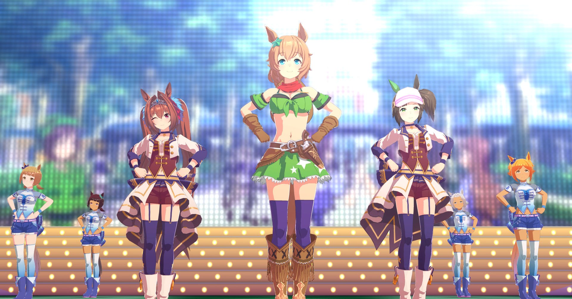 An Umamusume: Pretty Derby screenshot showing the concert after a race with Taiki Shuttle in the center.