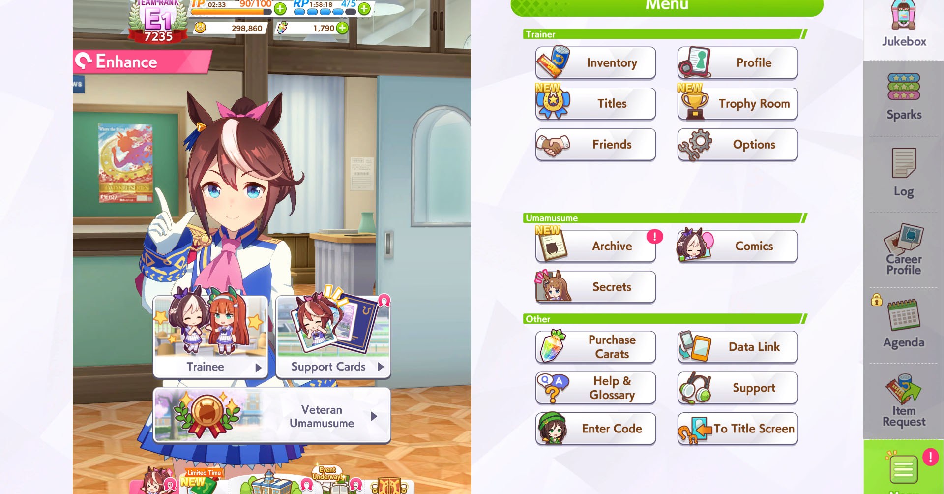 An Umamusume: Pretty Derby screenshot showing a character and the Enhance menu where you can see all the characters and support cards you have.