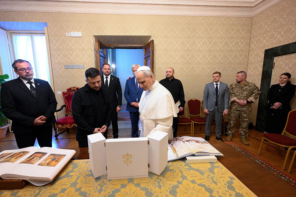 Pope Leo XIV meets with Ukrainian President Volodymyr Zelenskyy.