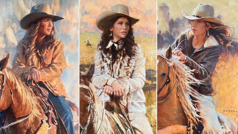 Split pic shows three paintings showing Kristi Noem on a horse.