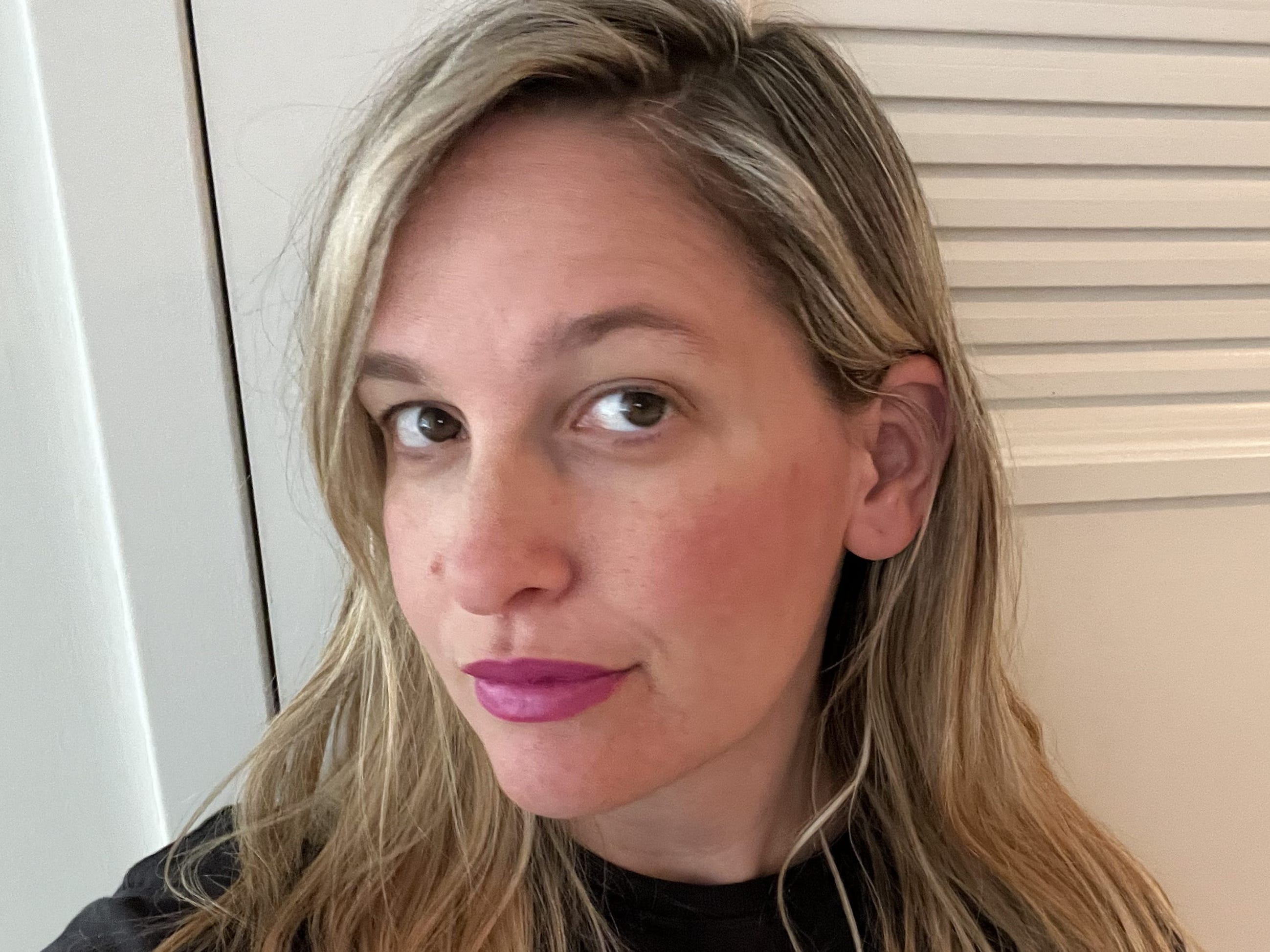 Selfie of author wearing Trader Joe's sunscreen and makeup.