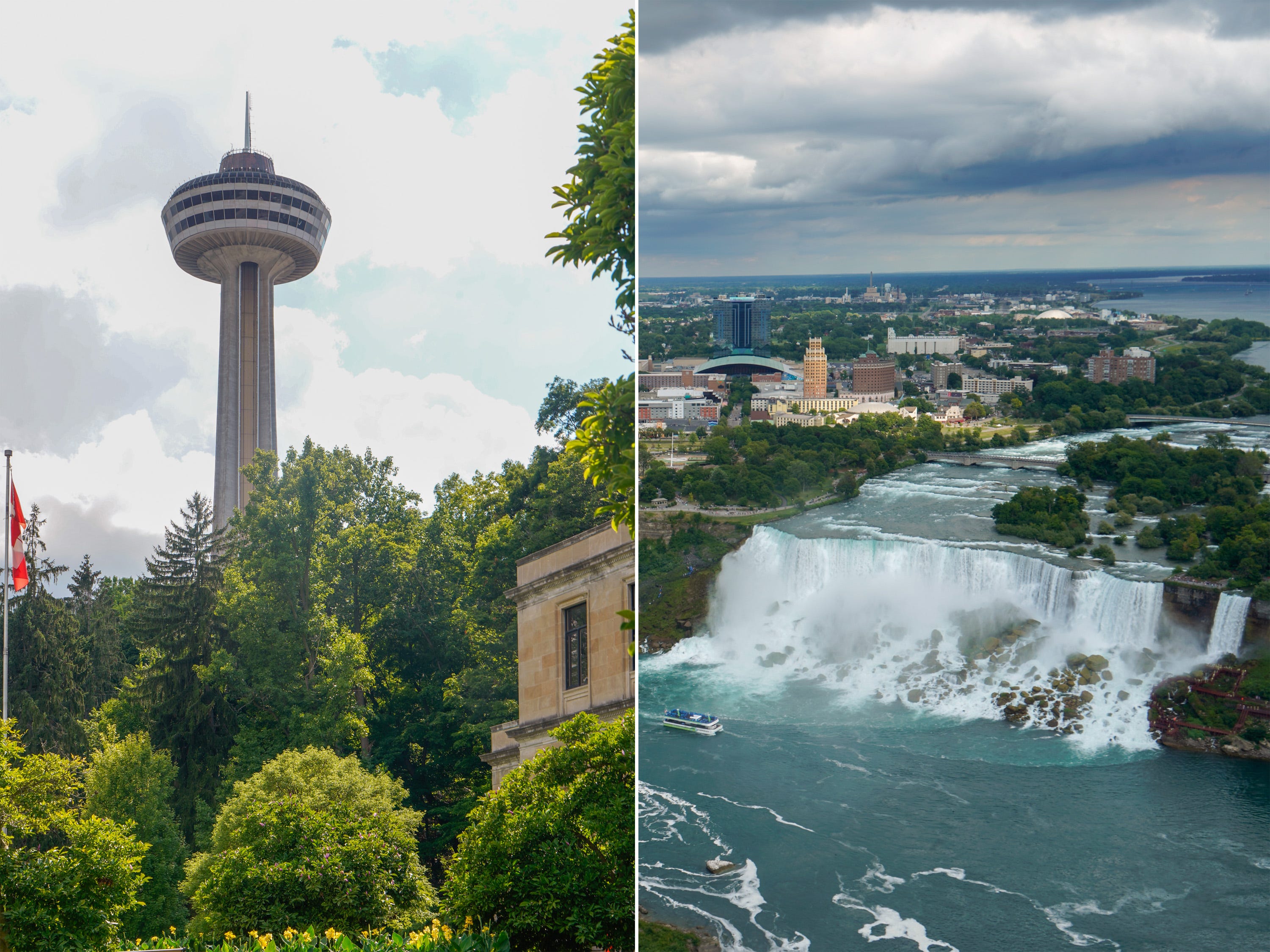 A composite image of a tower and Niagara Falls