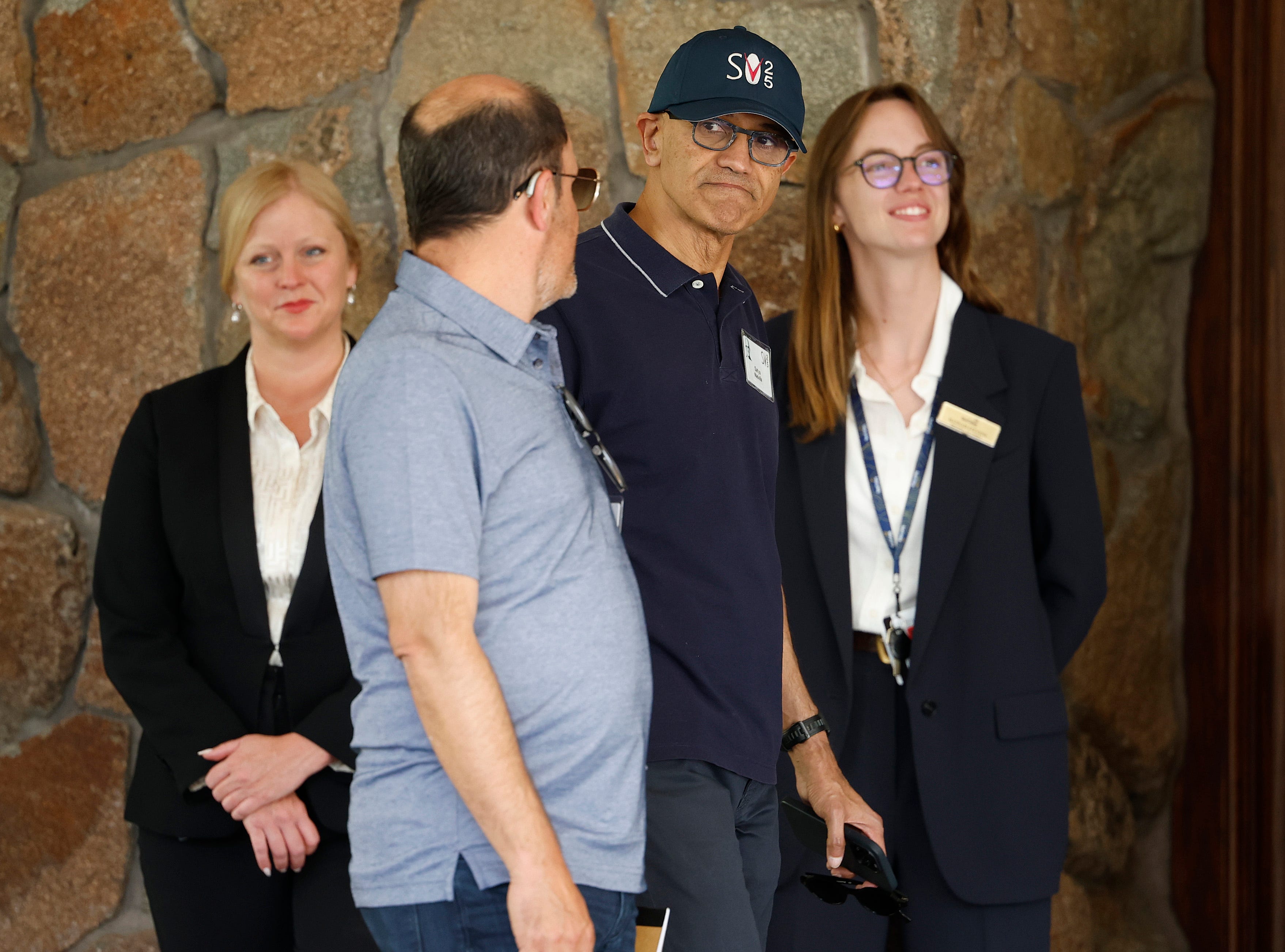 Microsoft CEO Satya Nadella arrives at the Sun Valley lodge for the Allen & Company Sun Valley Conference on July 8, 2025 in Sun Valley, Idaho.