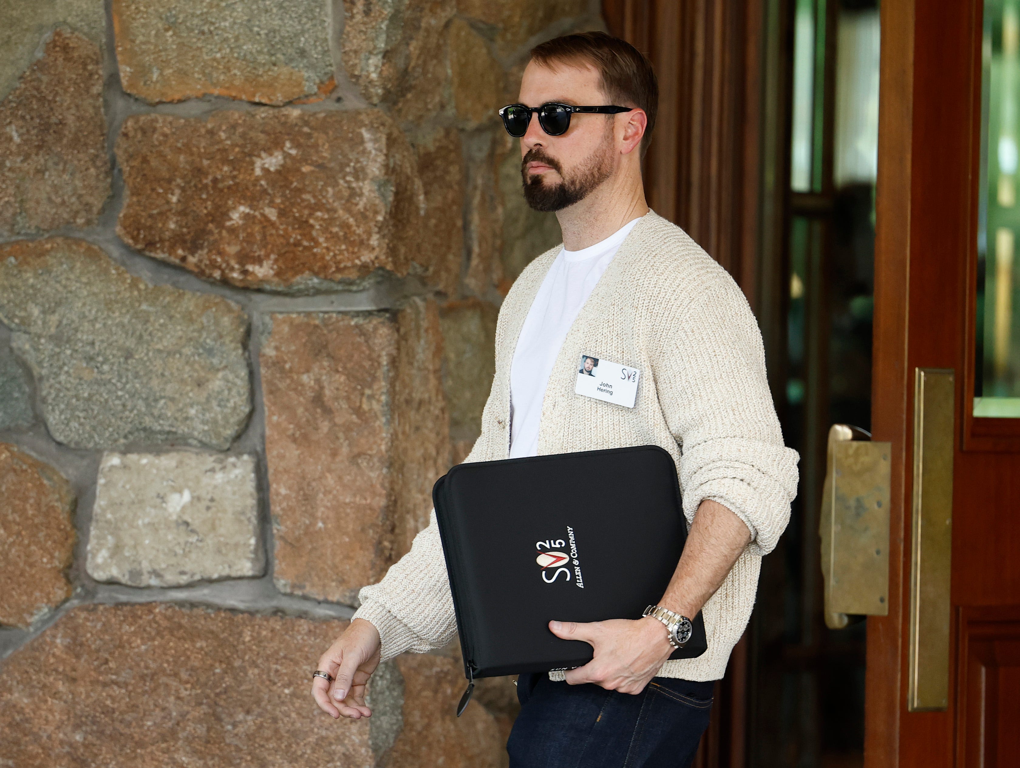 Co-founder of Lookout John Hering arrives at the Sun Valley Lodge for the Allen & Company Sun Valley Conference on July 8, 2025 in Sun Valley, Idaho.
