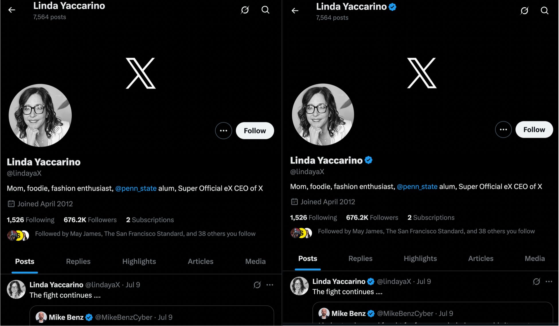 Linda Yaccarino's X profile, briefly without a blue check badge.